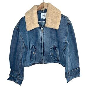 Sam Edelman Mesa High-Pile Fleece Collar Zip-Up Crop Denim Moto Jacket XL